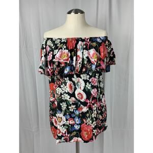 ZARA WOMAN Off the Shoulder Black Floral Print Blouse Top Shirt S Cottage